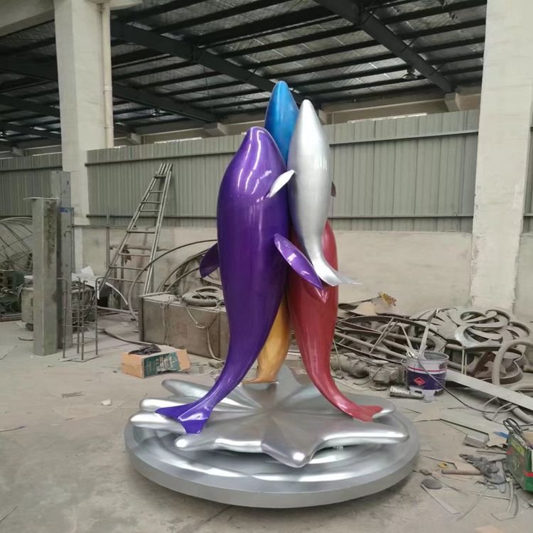 不锈钢海豚戏球庭院雕塑