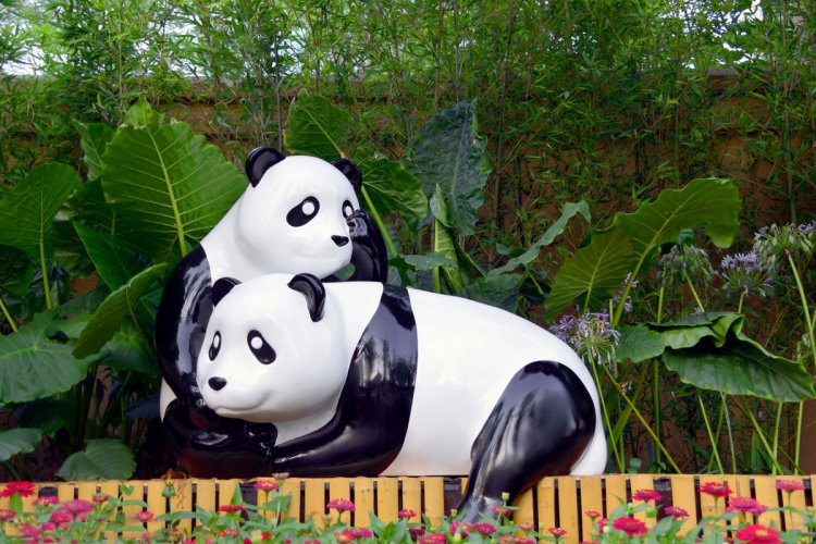 小区不锈钢熊猫动物雕塑