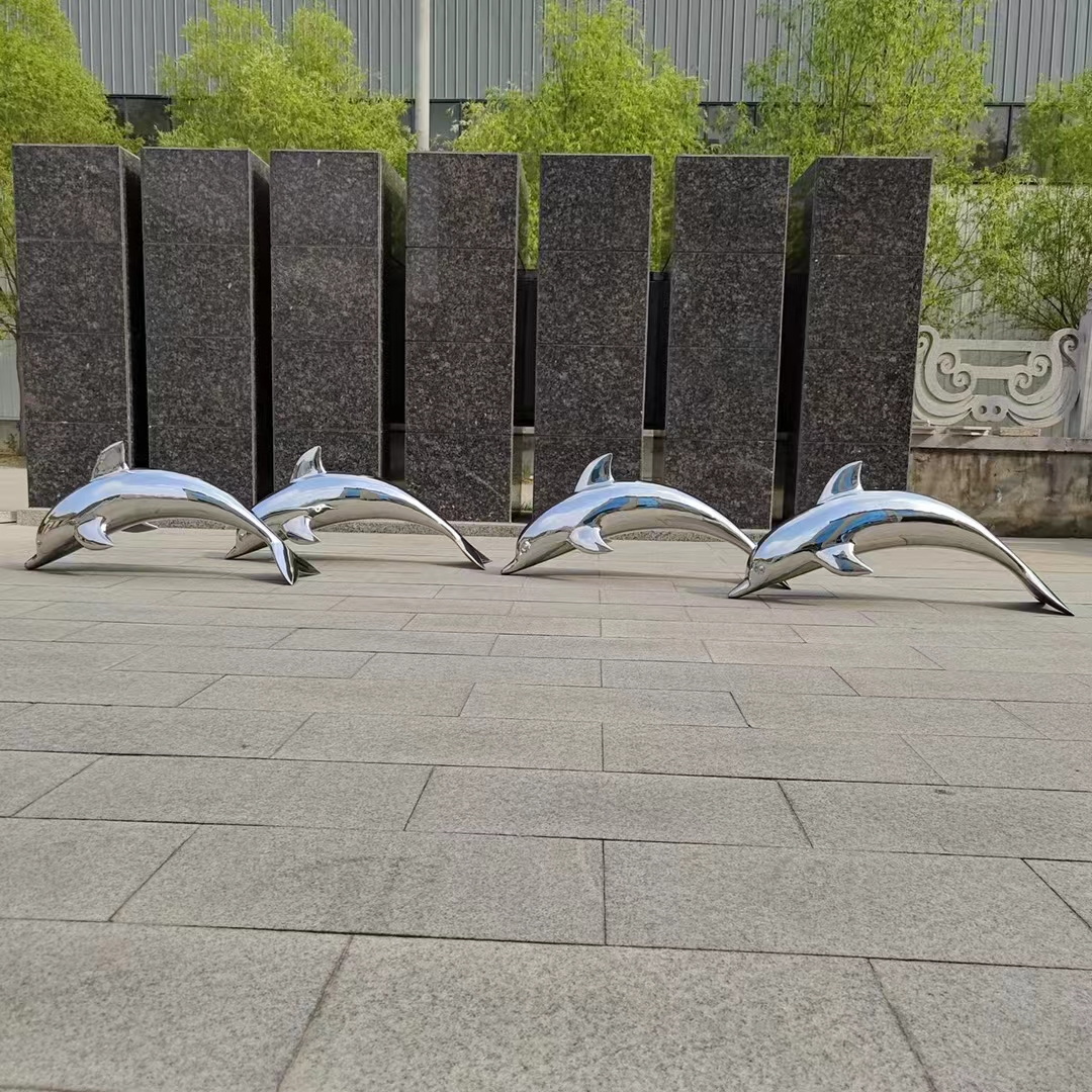  广场镜面不锈钢海豚雕塑 