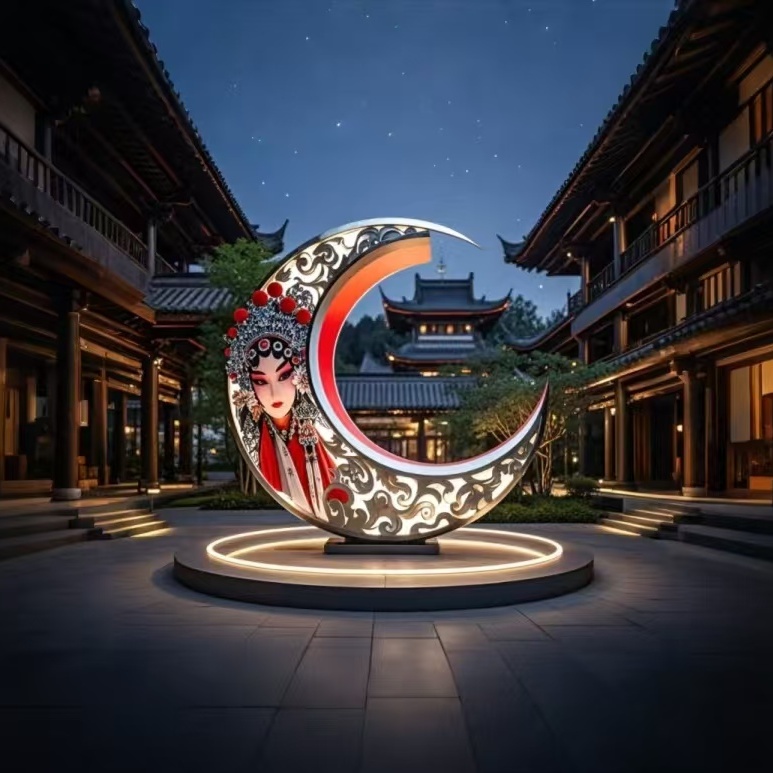 国风月亮圆环不锈钢景观雕塑